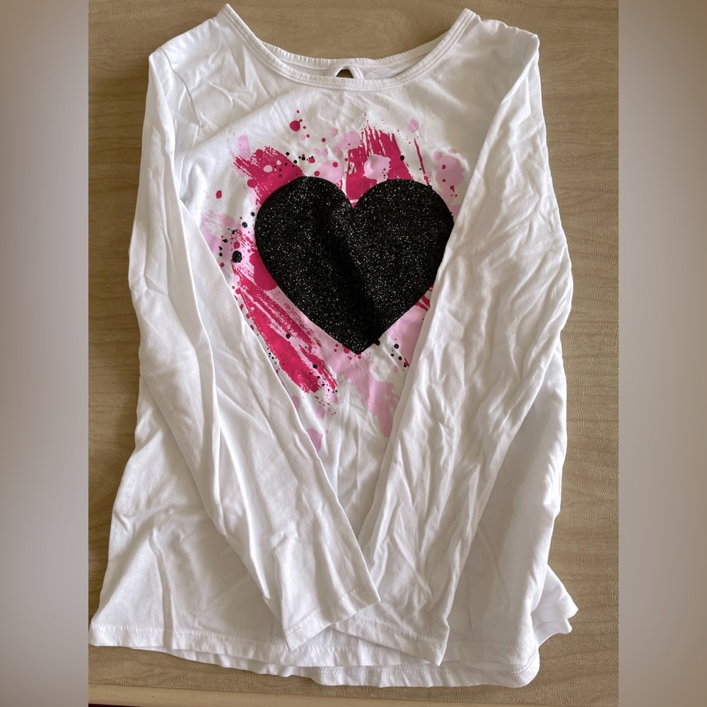 White Long-Sleeve Shirt with black sparkly heart and pink